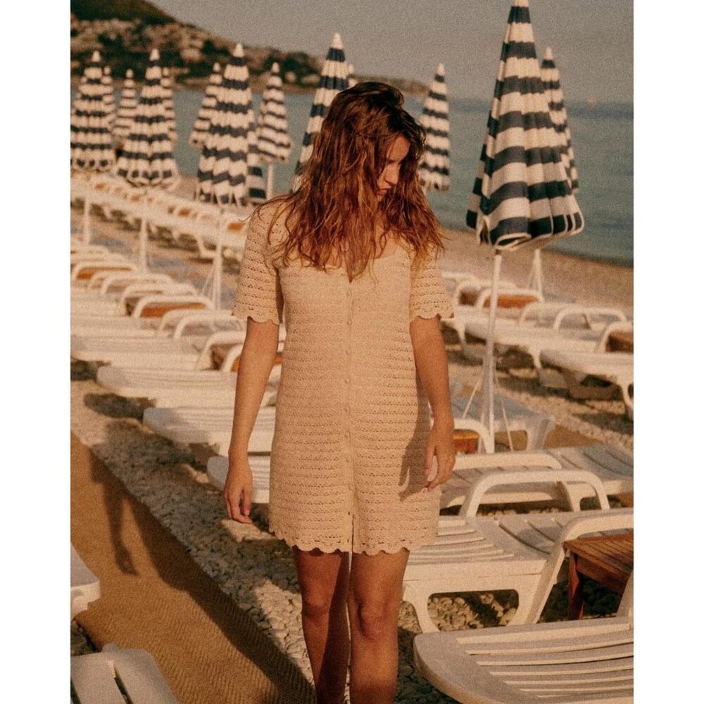 NWT La Maille Sezane Cassey in Cream Crochet Knit Sweater Shirt Dress XS
